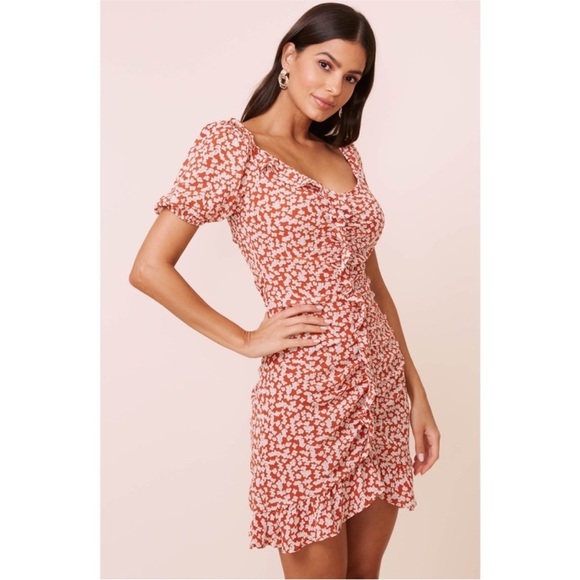 ASTR The Lable Burnt Orange Floral Ruffle Mini Dress - Picture 1 of 6